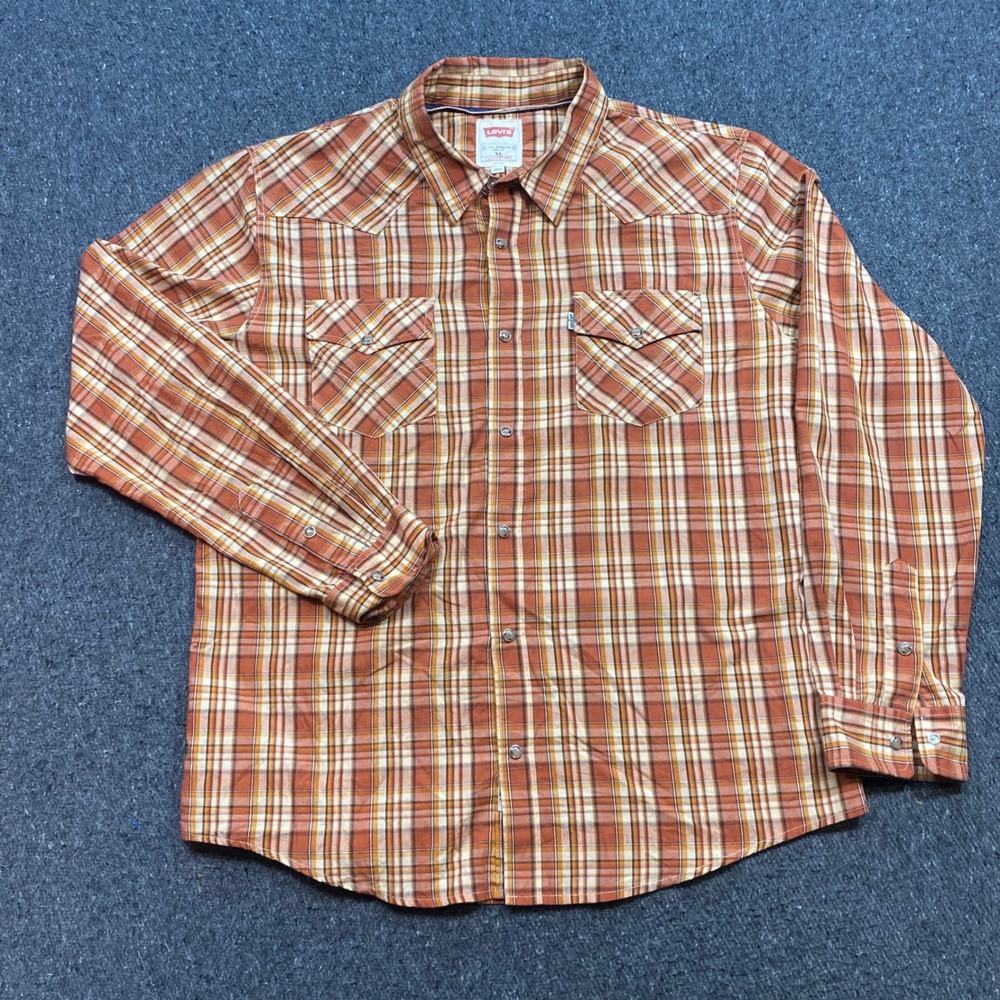 Levi Western Shirt Sz XL Mens Orange Plaid Pearl Snap Modern Fit Long Sleeve